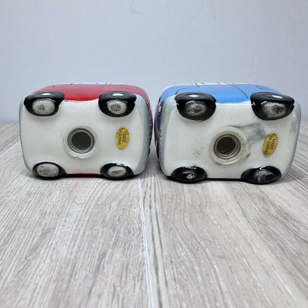Vintage VW Bus Camper Salt Pepper Shakers Ceramic Red Blue Van Set